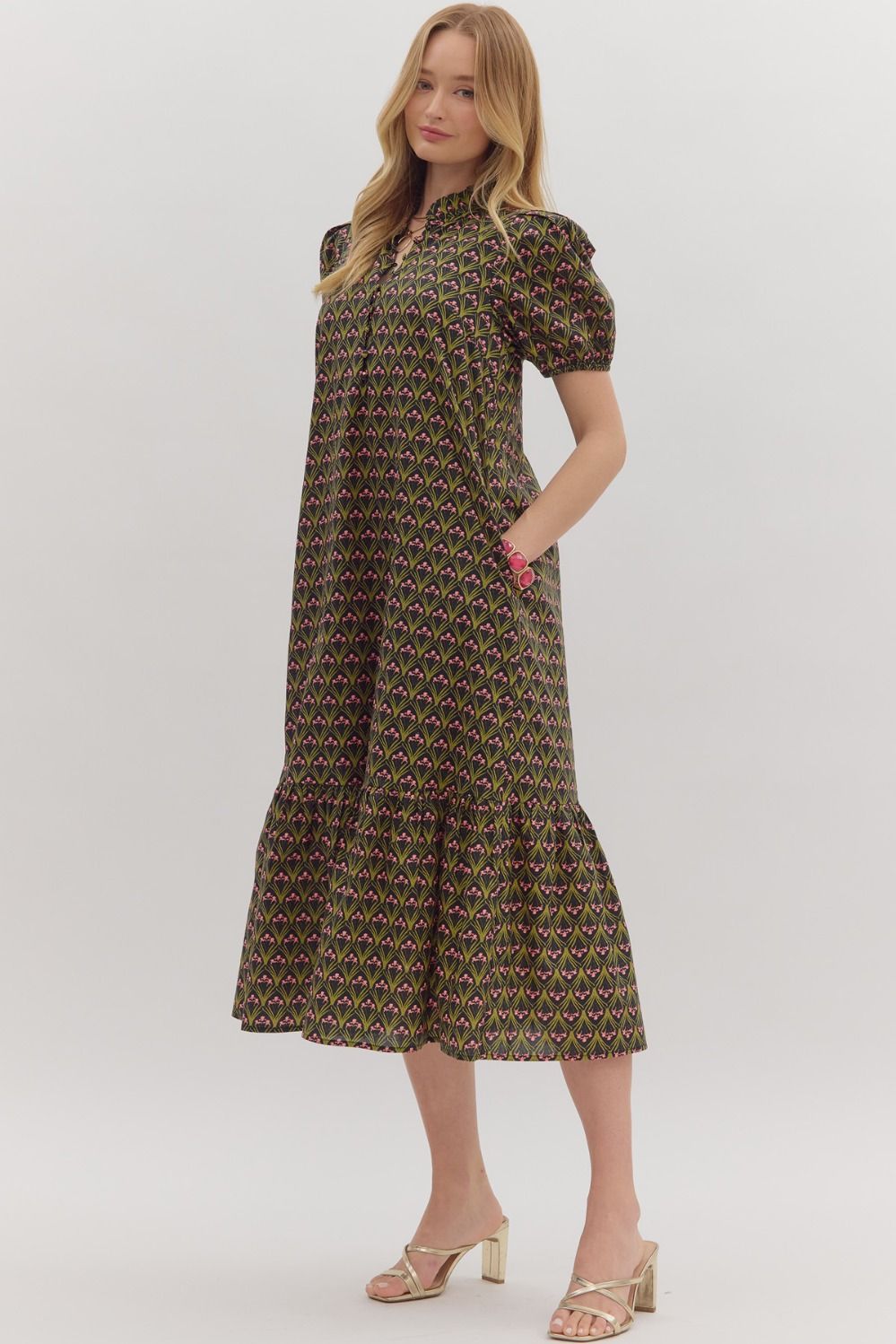 Black with Pink Plant Pattern Dress