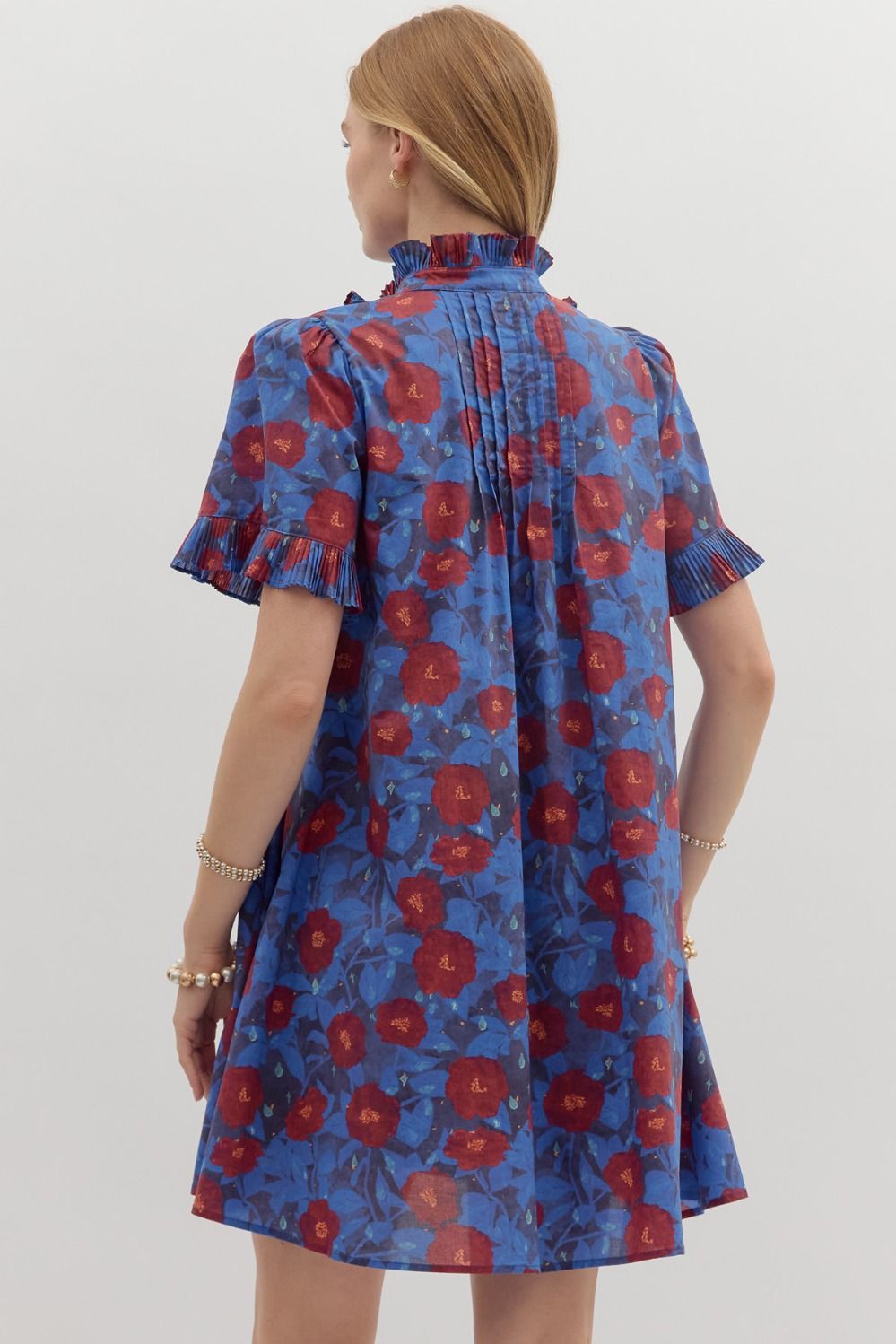 Blue Ruffle Dress with Red Flowers