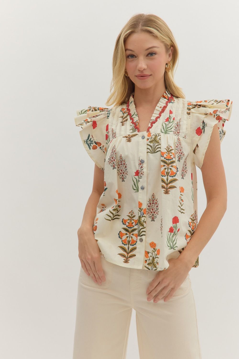 Cream Button Down Plant Top