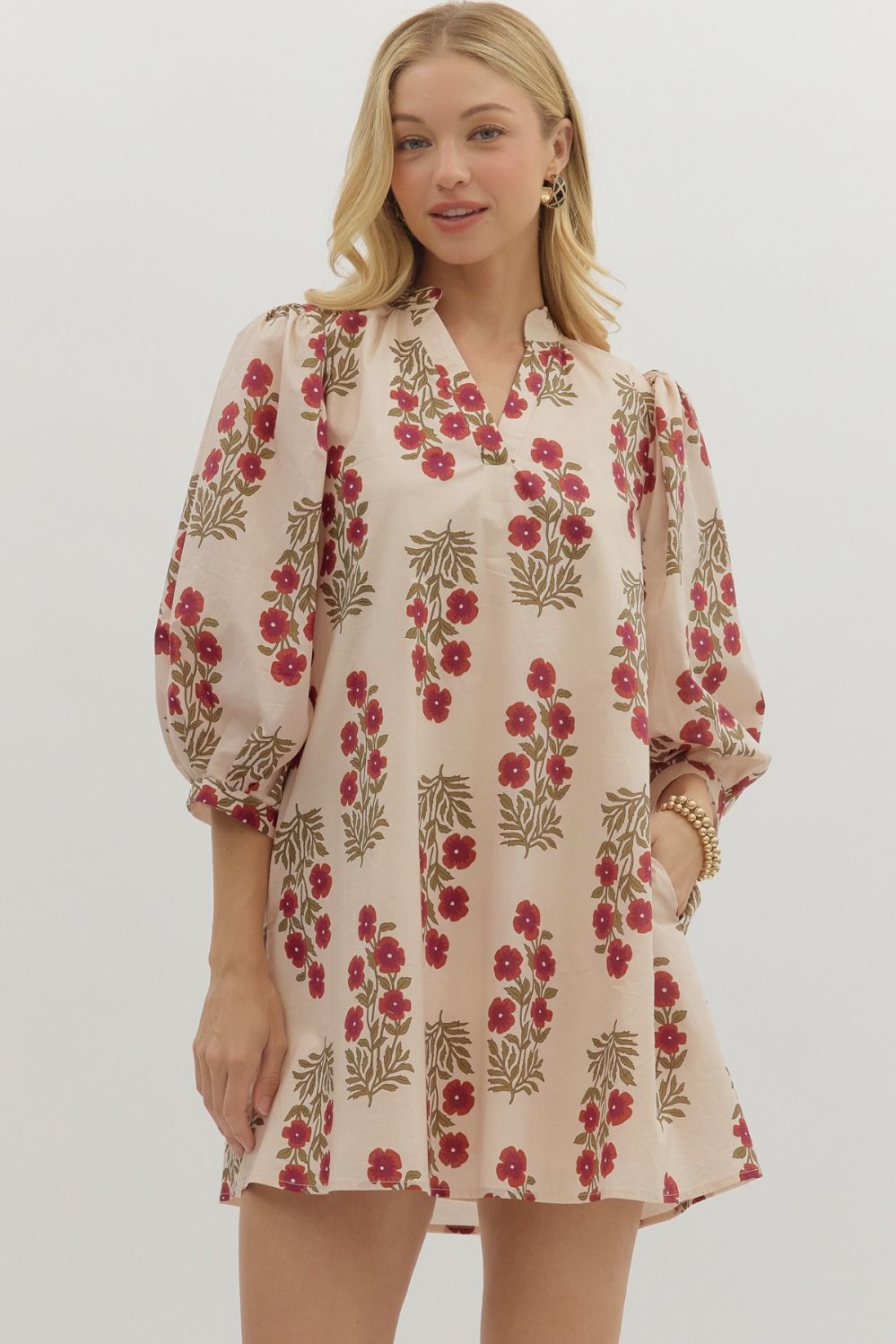 Cream Dress with Red Flowers