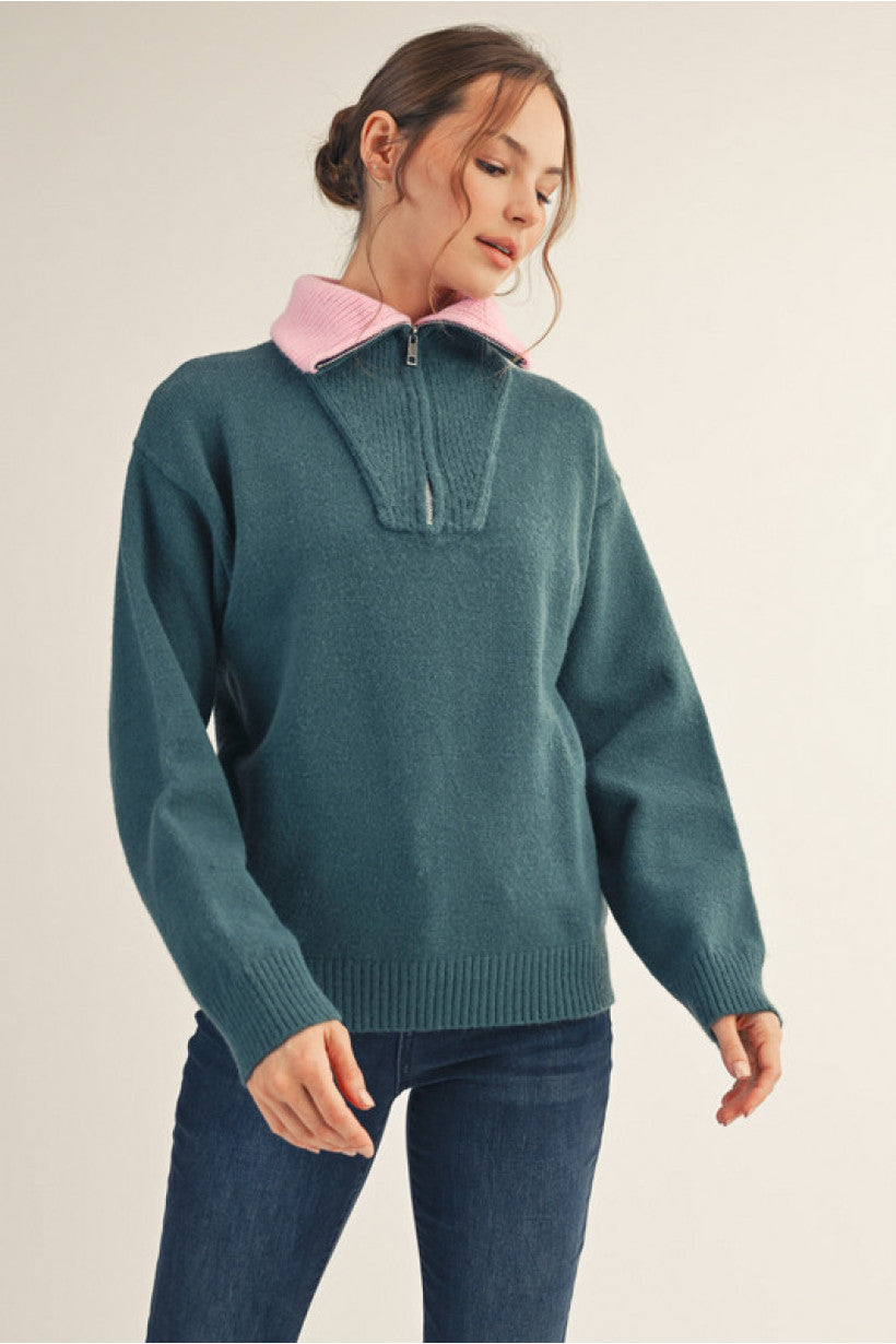 Quarter Zip Sweater with Colored Collar