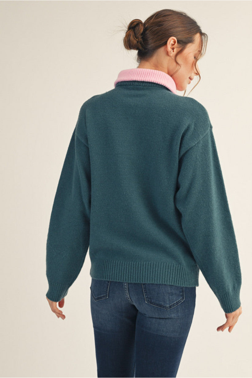 Quarter Zip Sweater with Colored Collar
