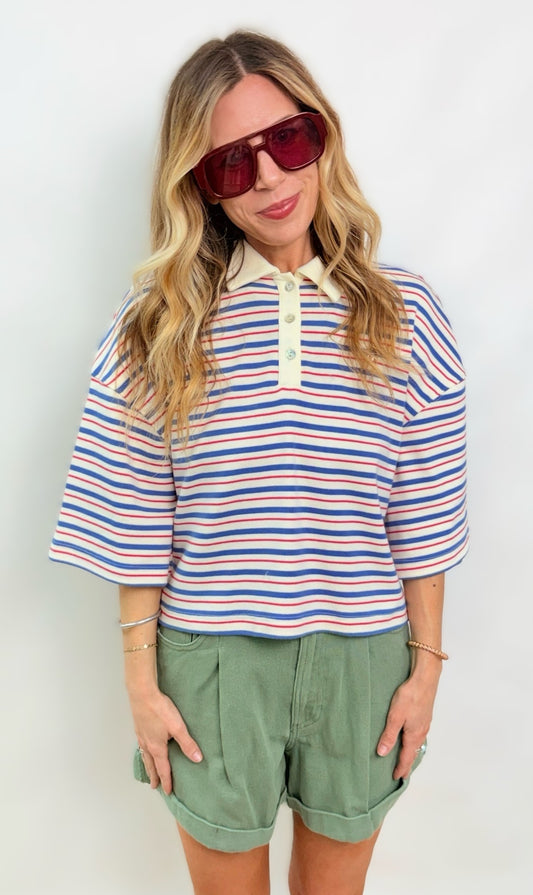 Entro Red Cream and Blue Stripe Crop Collar Top