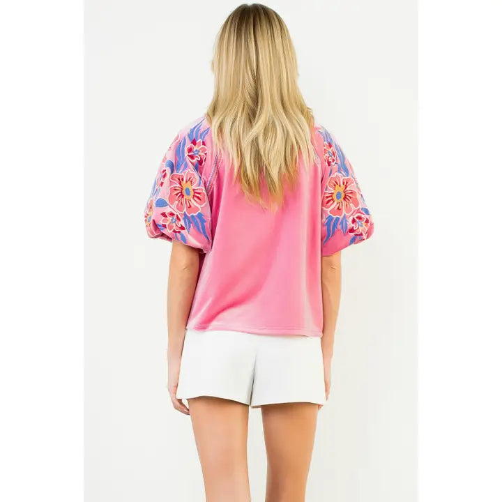 Floral Embroidery Puff Sleeve Pink Velvet Top