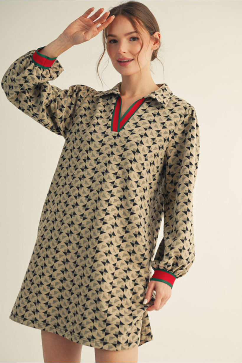 Geometric Print Dress with Red Trim