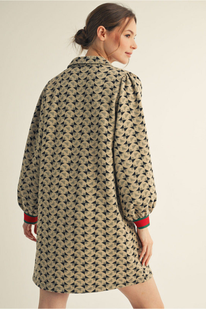 Geometric Print Dress with Red Trim