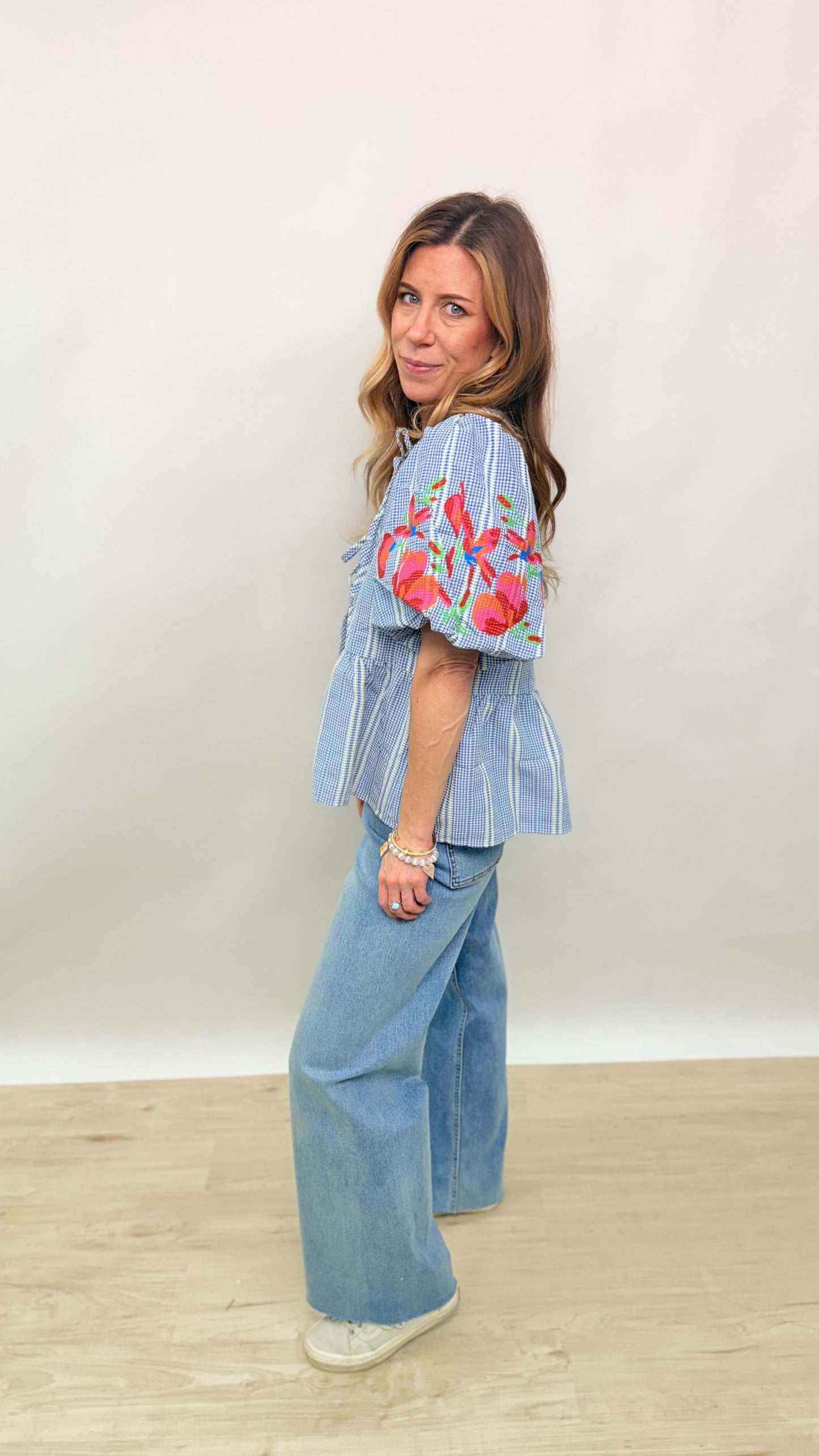 Light Blue Stripe Top with Embroidery and Ties