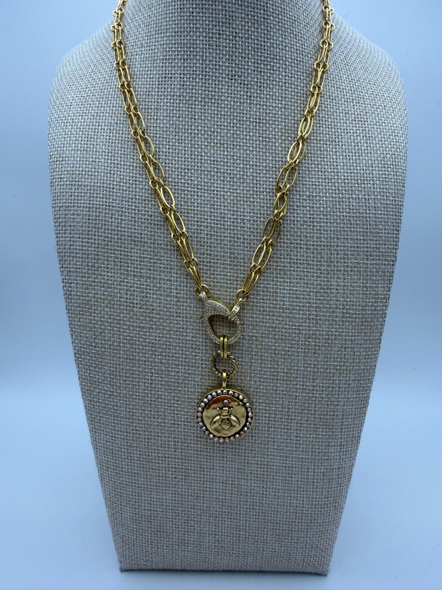 Mustard Seed Pearl Gold Bee Statement Necklace with Double Chain