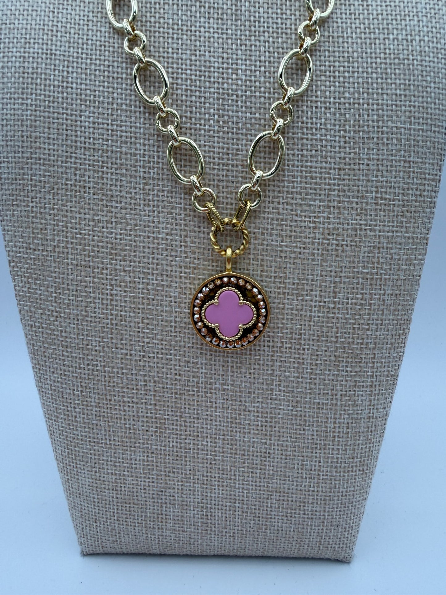 Mustard Seed Pink Clover Statement Necklace with Gold Chain