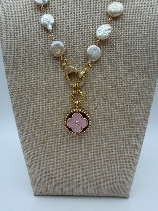 Mustard Seed Pearl Pink Clover Statement Necklace with Pearl Chain