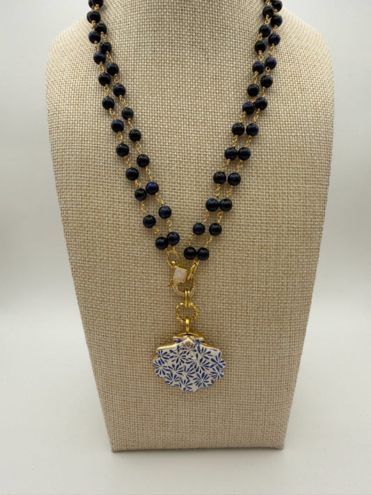 Mustard Seed Seashell Statement Necklace with Navy Double Strand Beads