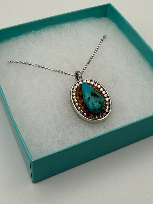 Mustard Seed Pendant Turquoise Tear Drop Necklace with Thin Silver Chain