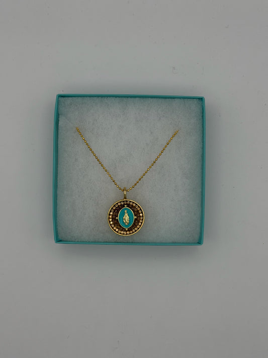 Mustard Seed Pendant Mother Mary Turquoise Necklace with Thin Gold Chain