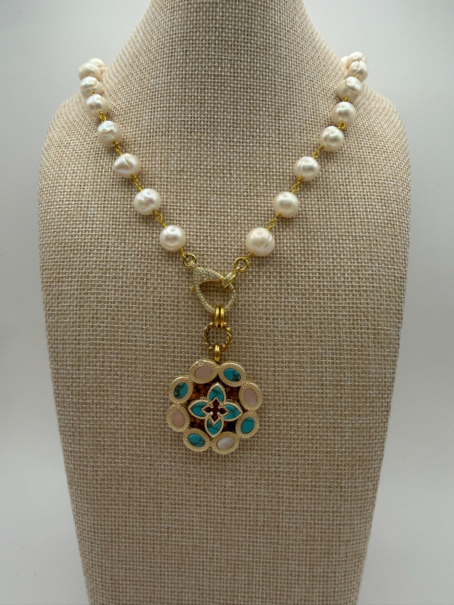 Mustard Seed Fresh Water Pearl Statement Necklace with Turquoise Detail