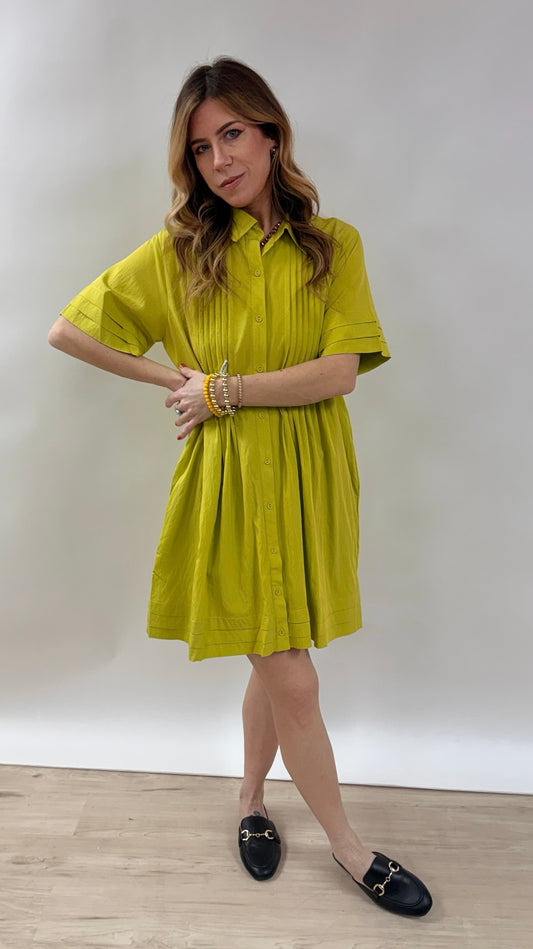 Chartreuse Pleated Button-Front Shirt Dress