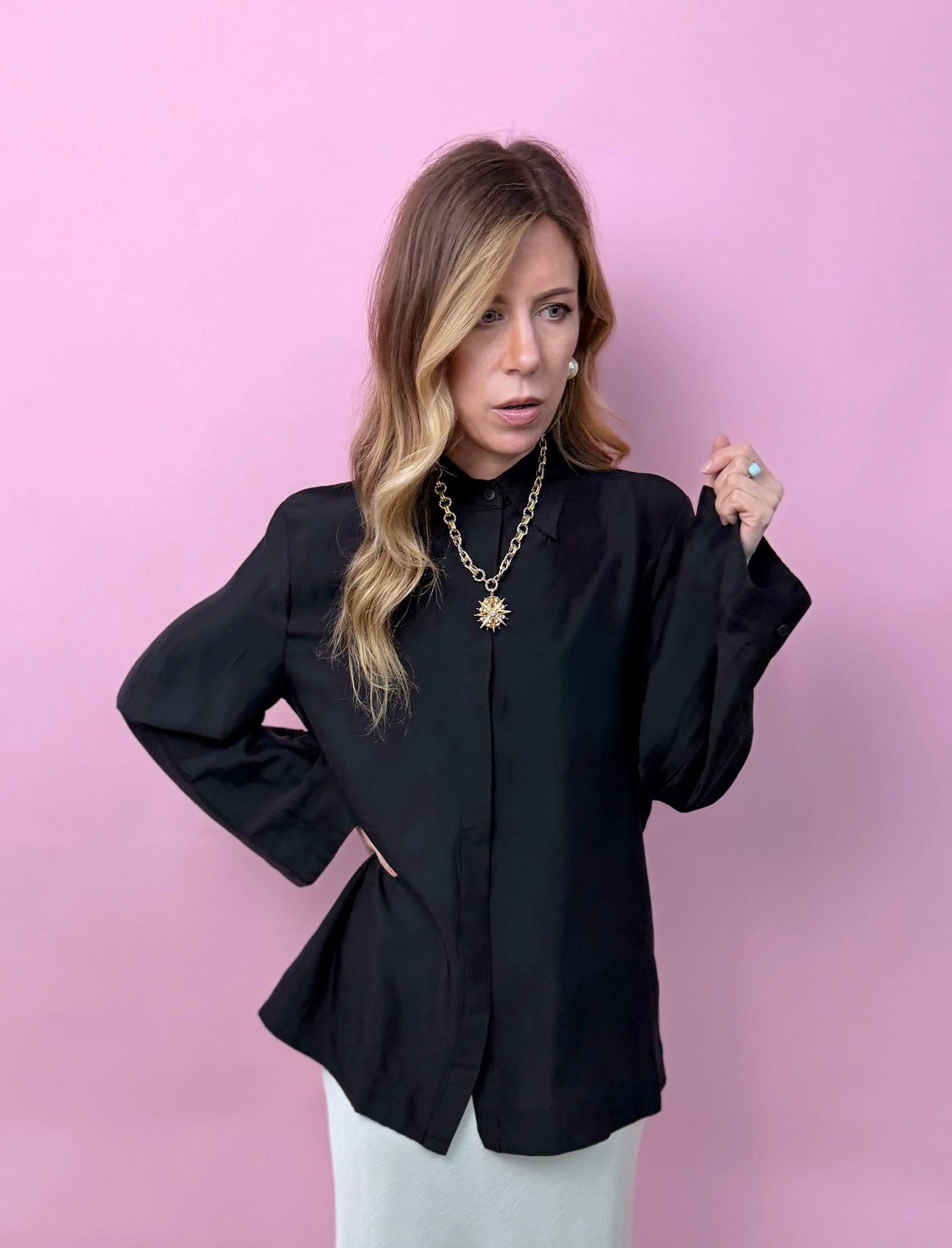 Black Button Up Free Flow Blouse