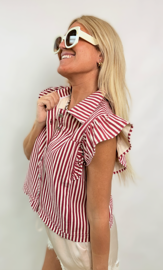 Jodifl Button Down Red Stripe Cap Shoulder Top