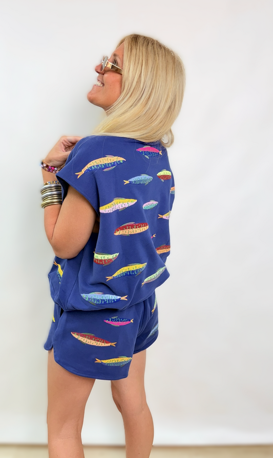 Queen of Sparkles Navy Multi Fish Tie Short