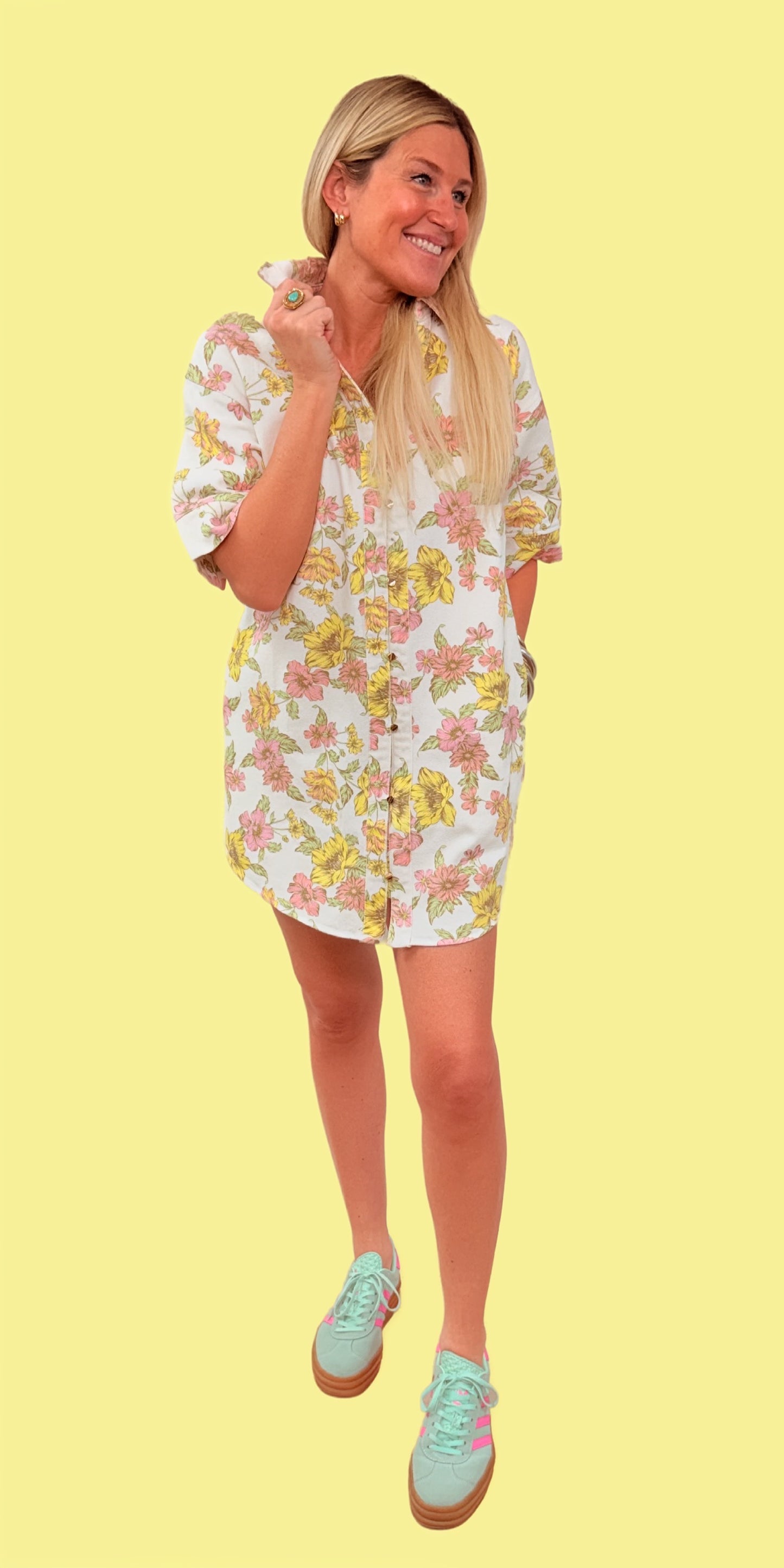 Light Denim Floral Print Dress with Collar