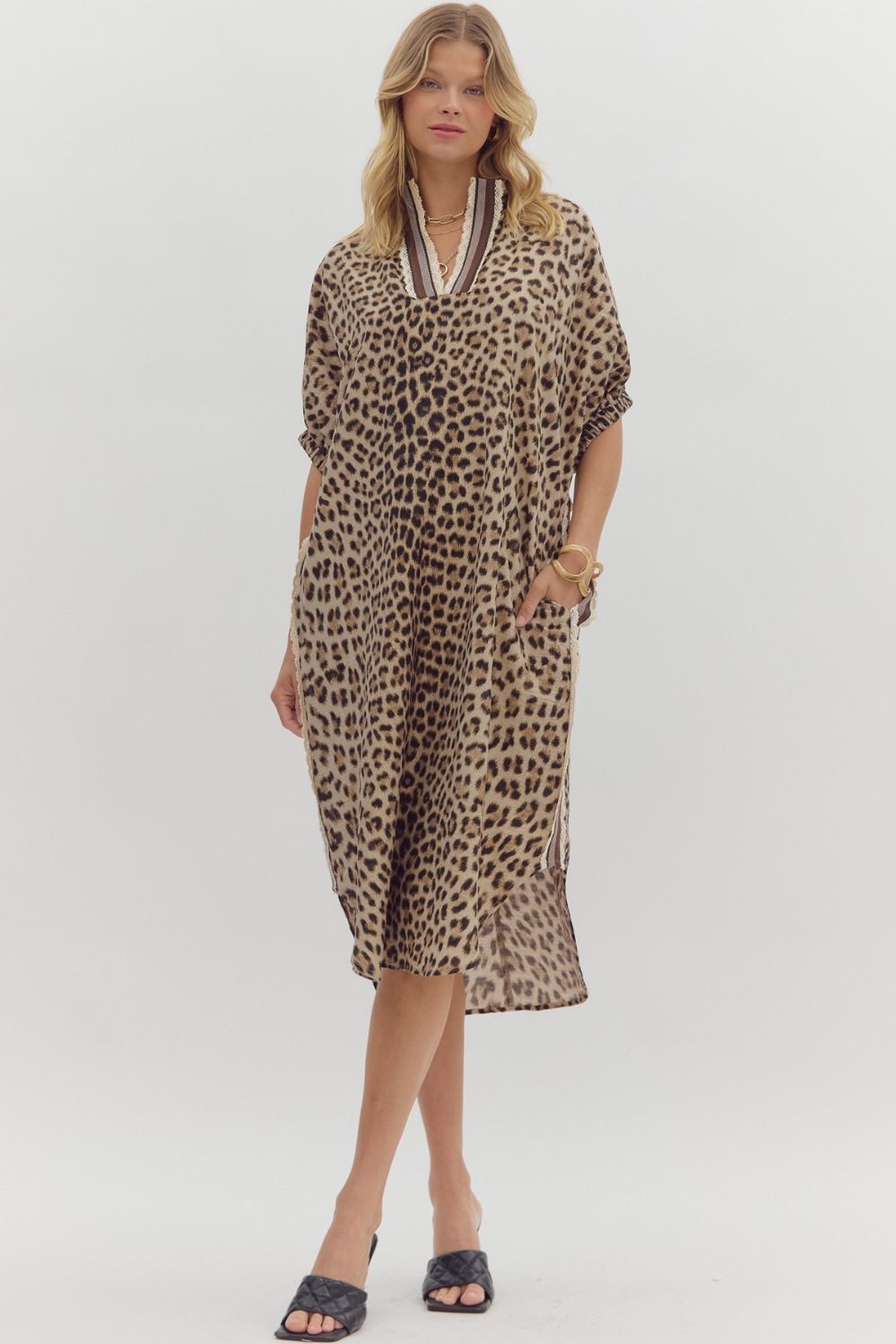 Leopard Lace Trim Midi Dress