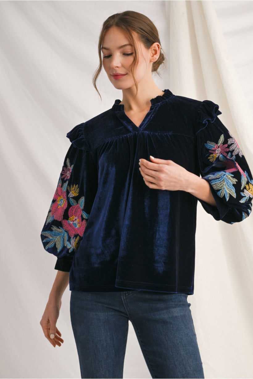 Navy Velvet Top With Flowers