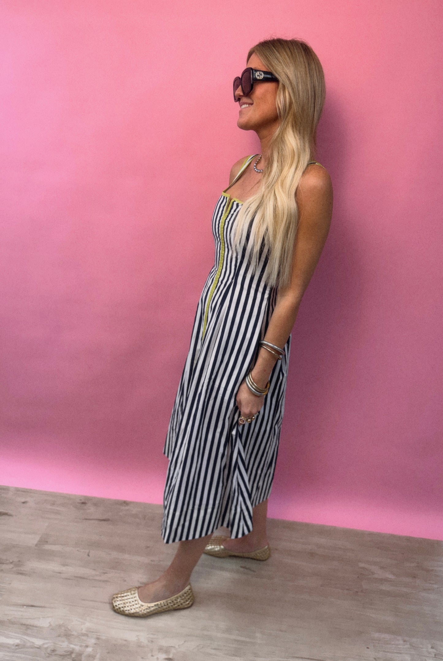 Midi Navy Striped Dress with Lime Green Detail