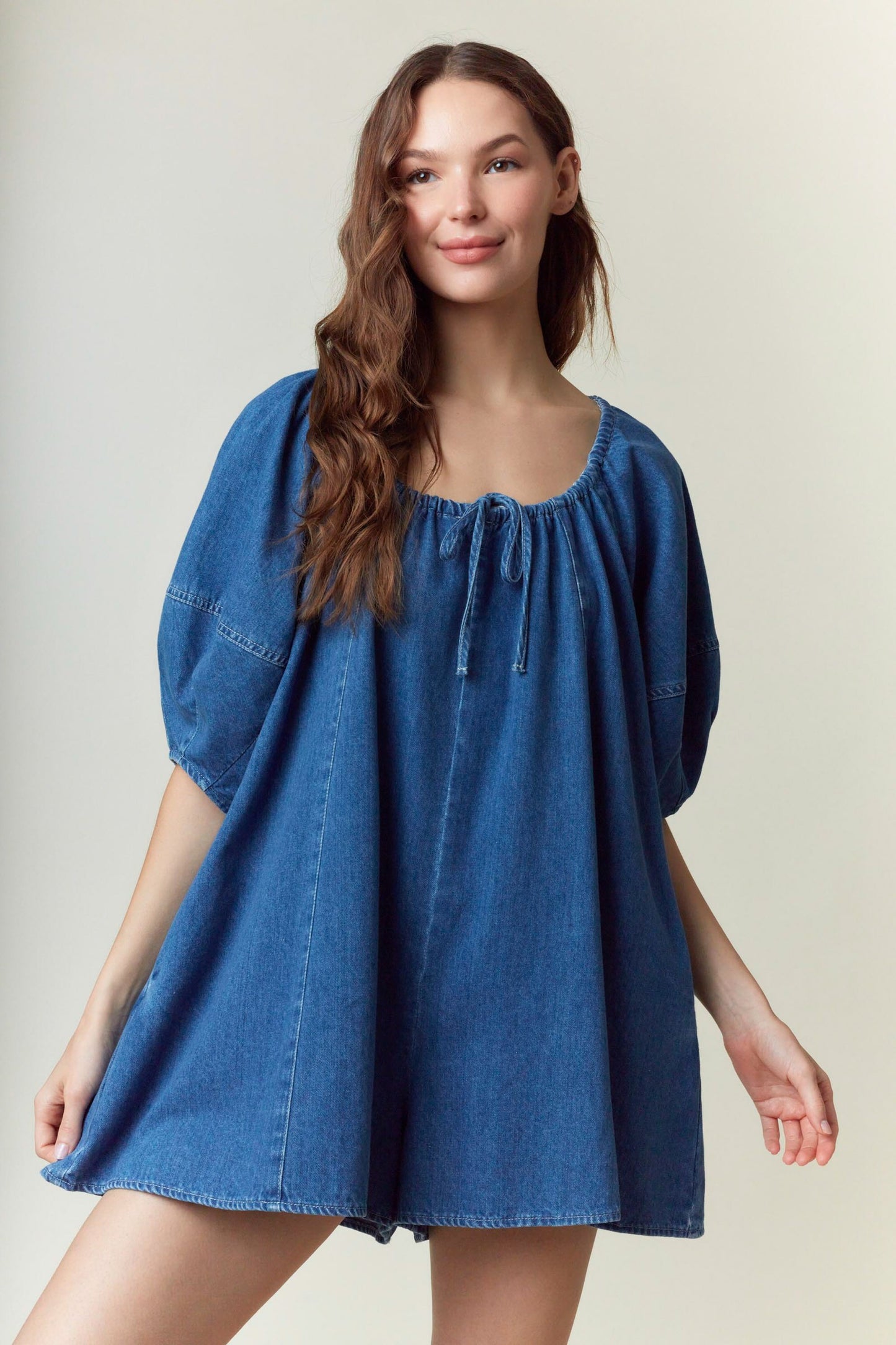 Washed Denim Front Tie Romper