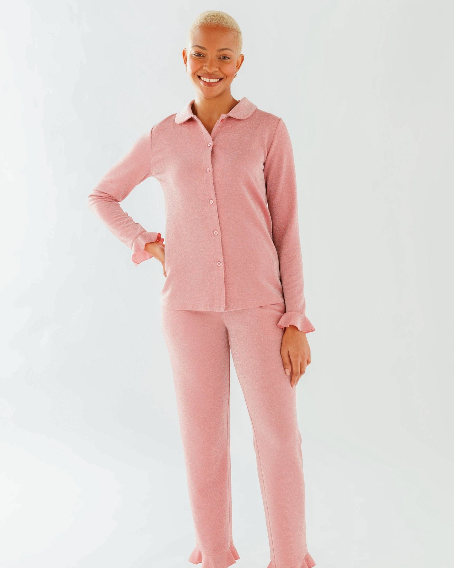 Blush Sparkle Frill Hem Button Up Long Pyjama Set