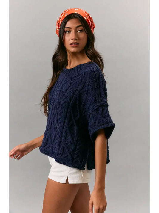 Le Lis Navy Short Sleeve Cable Knit Sweater Top