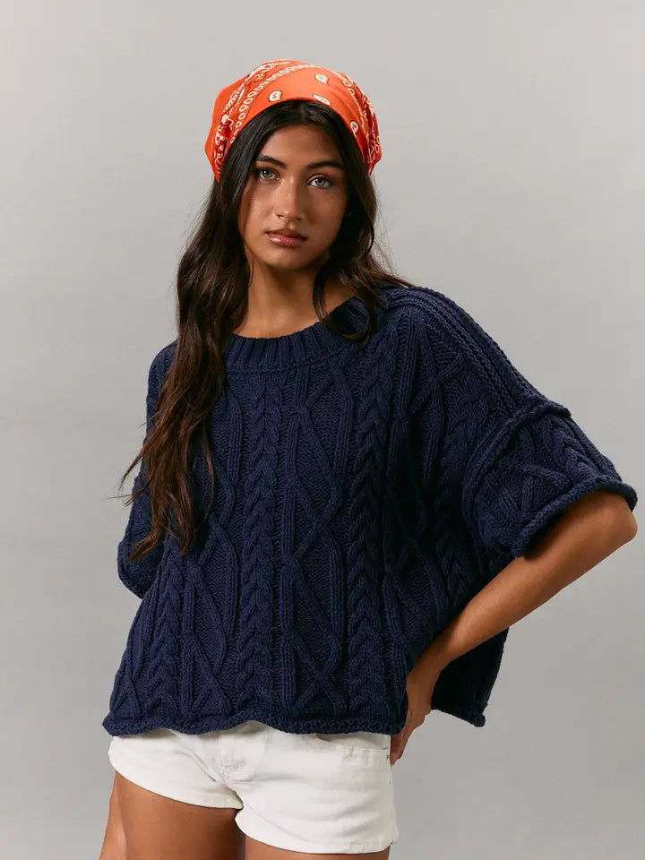 Le Lis Navy Short Sleeve Cable Knit Sweater Top
