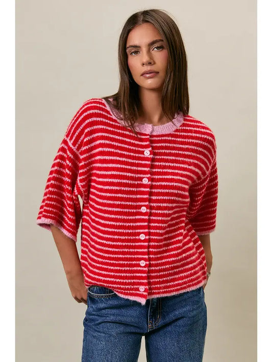 Le Lis Short Sleeve Red and Pink Stripe Crew Neck Sweater