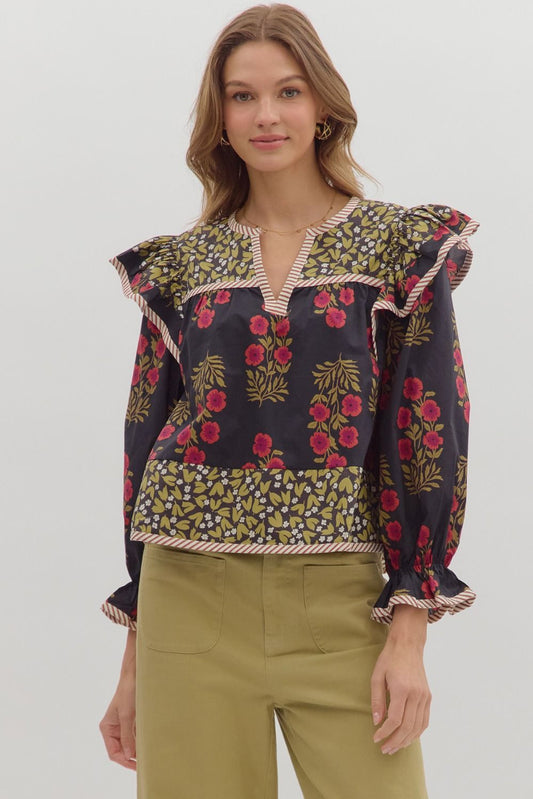 Black Floral Ruffle Sleeve Top