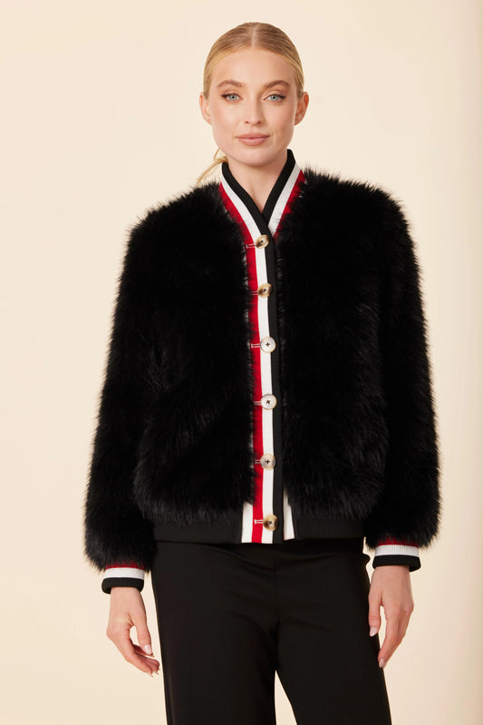 Black Faux Fur Racer Stripe Jacket