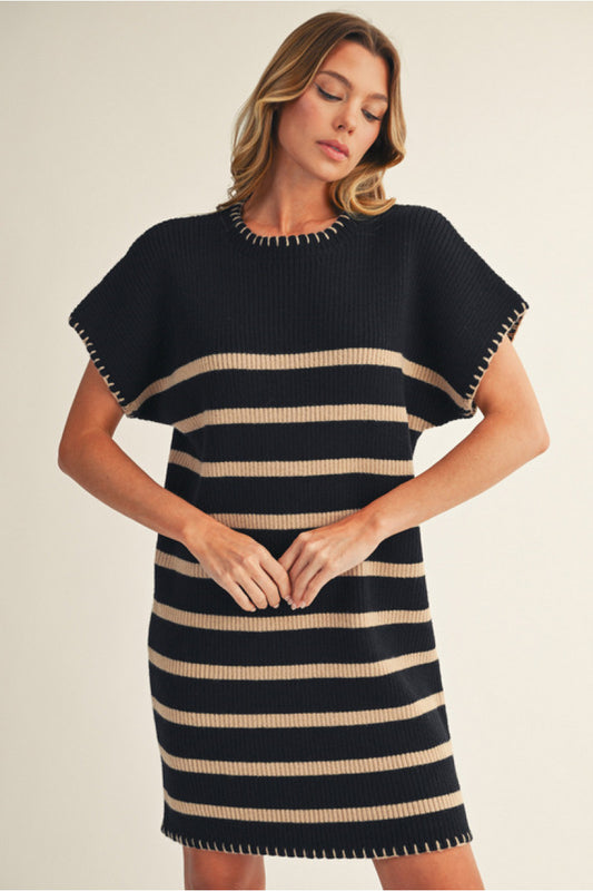 Black Tan Stripe Sweater Dress