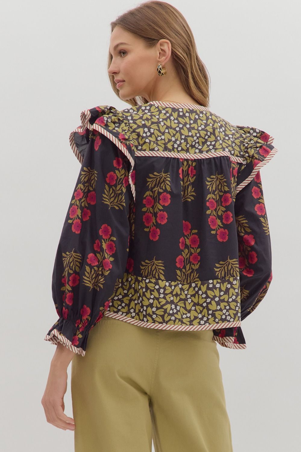 Black Floral Ruffle Sleeve Top
