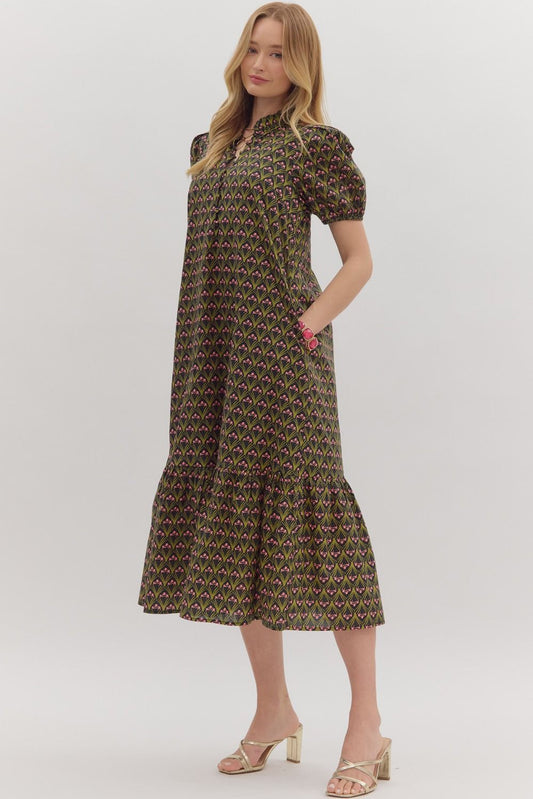 Black with Pink Plant Pattern Dress