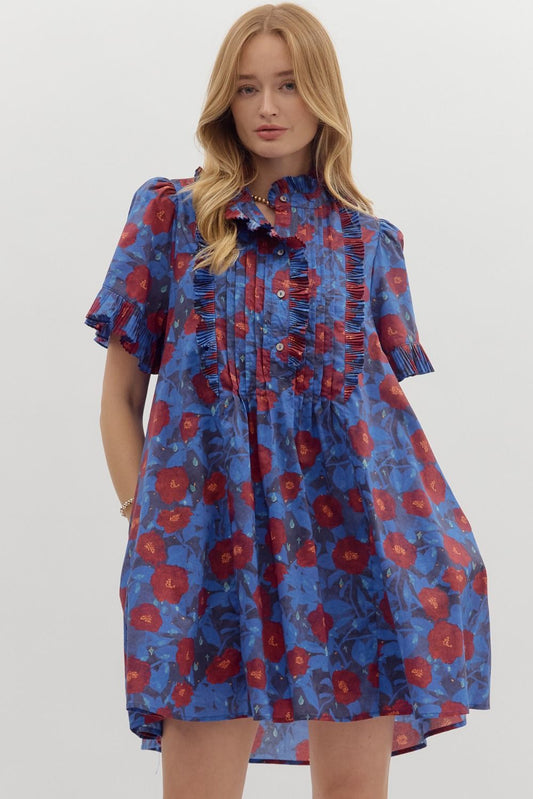 Blue Ruffle Dress with Red Flowers