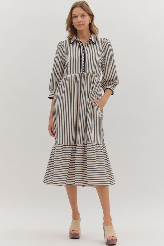 Brown Button Down Stripe Maxi Dress