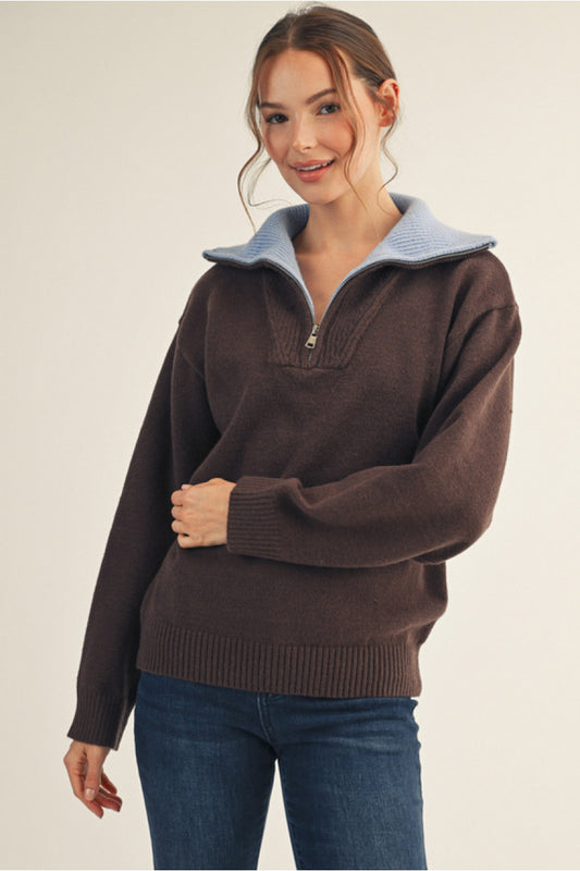 Quarter Zip Sweater with Colored Collar