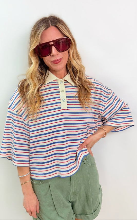 Entro Red Cream and Blue Stripe Crop Collar Top
