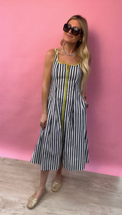 Midi Navy Striped Dress with Lime Green Detail