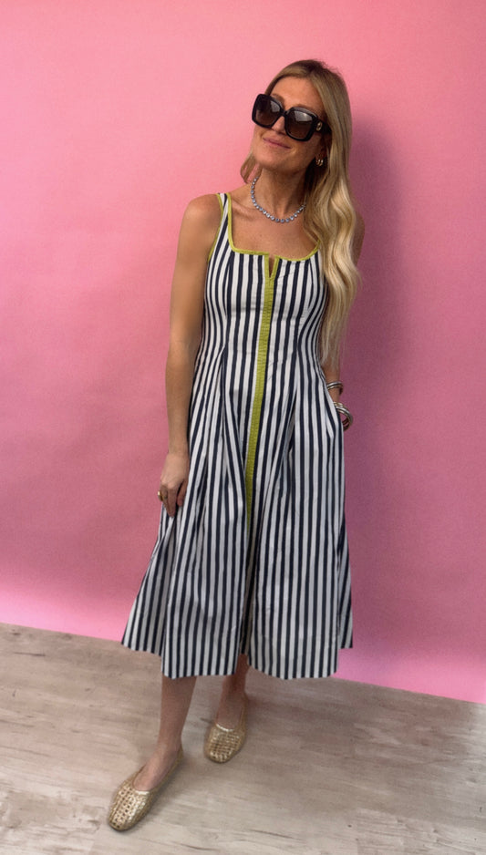 Midi Navy Striped Dress with Lime Green Detail