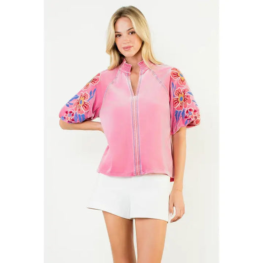 Floral Embroidery Puff Sleeve Pink Velvet Top