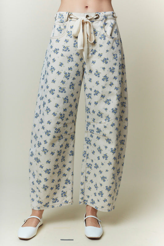 Floral Printed Waist Tie Denim Pants