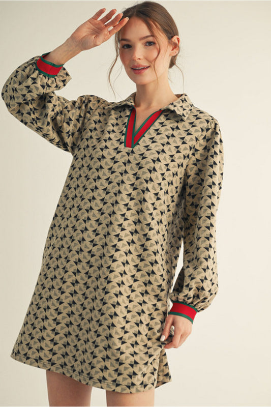 Geometric Print Dress with Red Trim