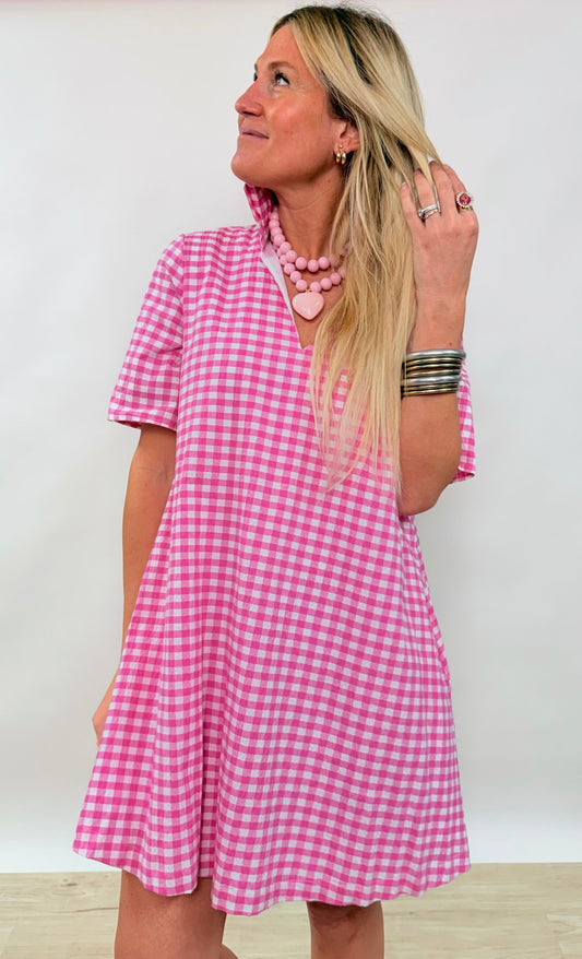 Pink Gingham Ruffle Collar Dress