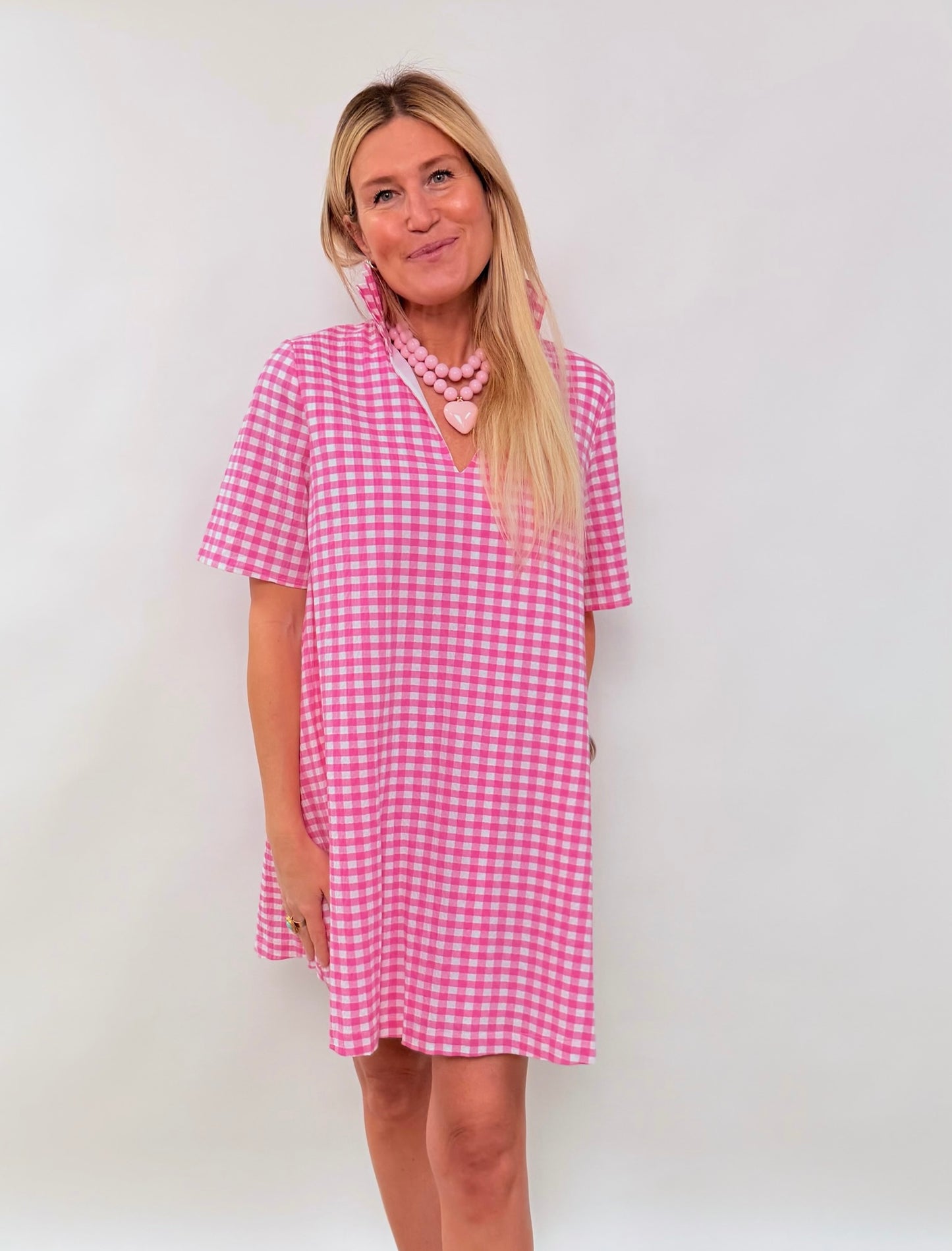 Pink Gingham Ruffle Collar Dress
