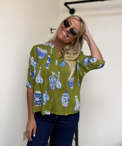 THML Green Vase Button Down Top