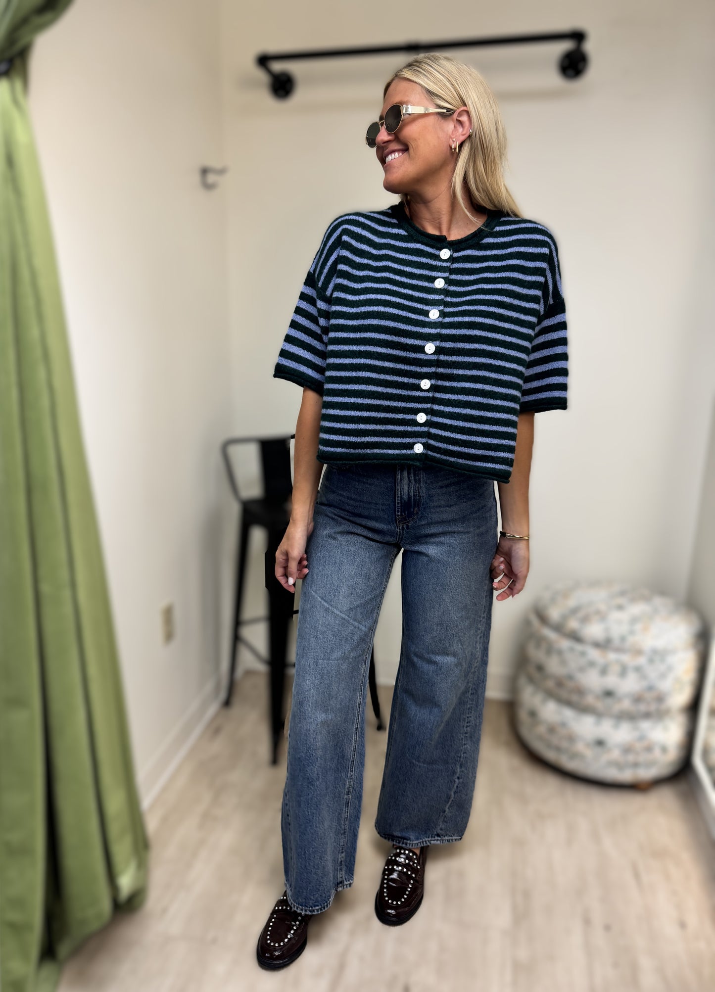 Entro Green and Blue Stripe Short Sleeve Sweater