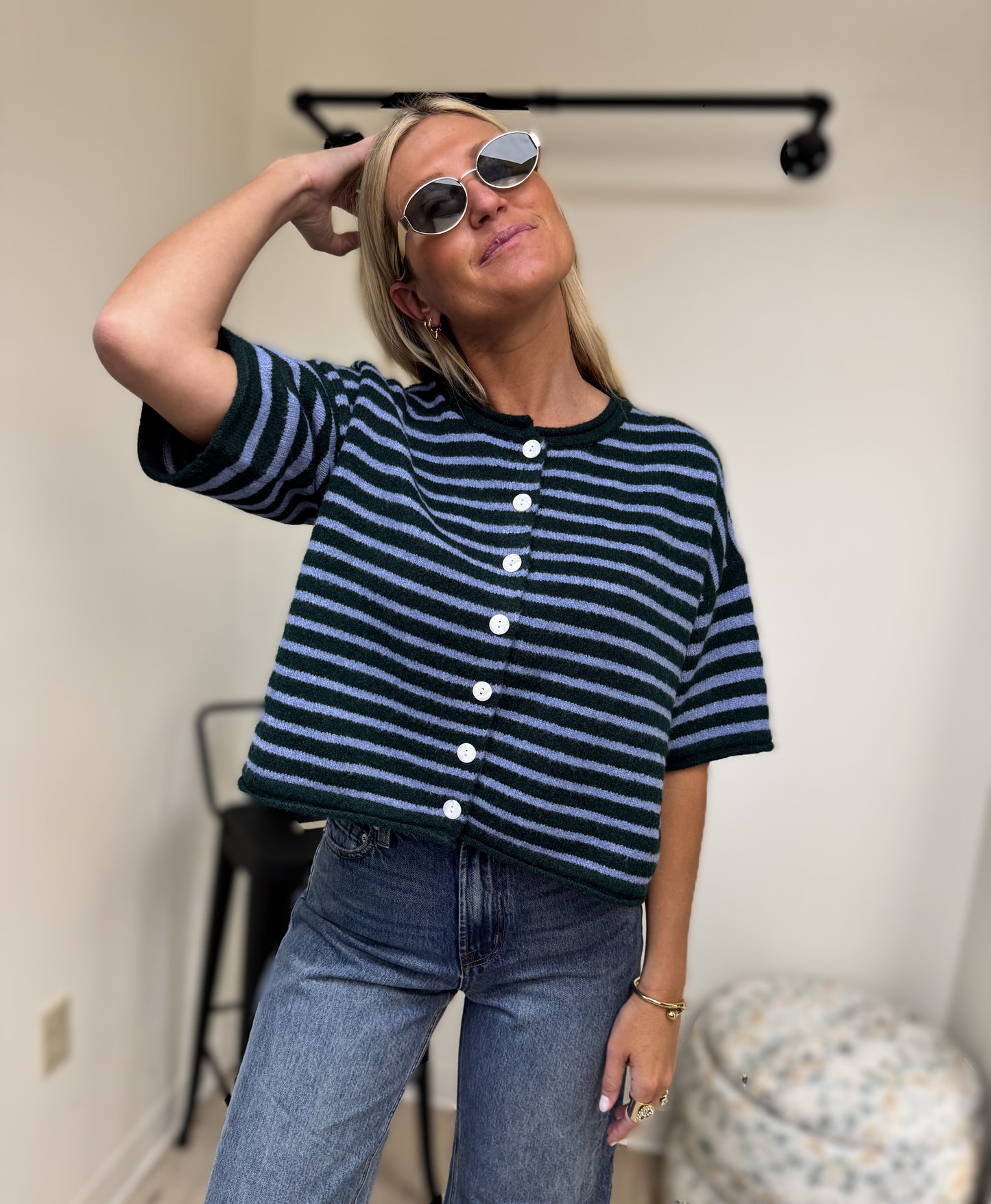Entro Green and Blue Stripe Short Sleeve Sweater